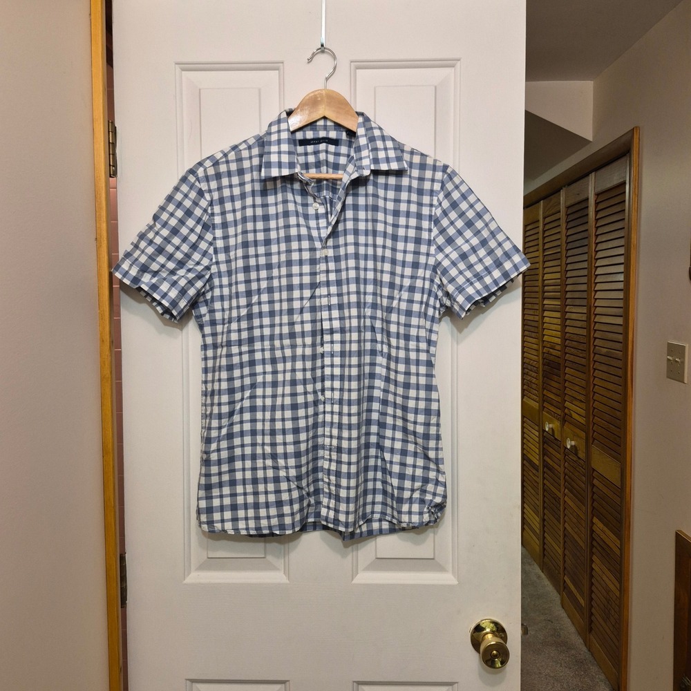 Perry Ellis Mens Blue White Gingham Check Short Sleeve Button Down Shirt Size M
